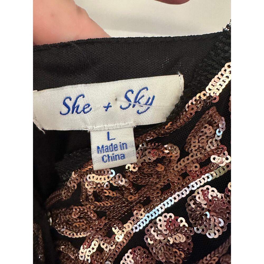 She + Sky Large NWT Black Rose Gold Sequin Maxi Dress Spaghetti Straps Elegant - Picture 2 of 15